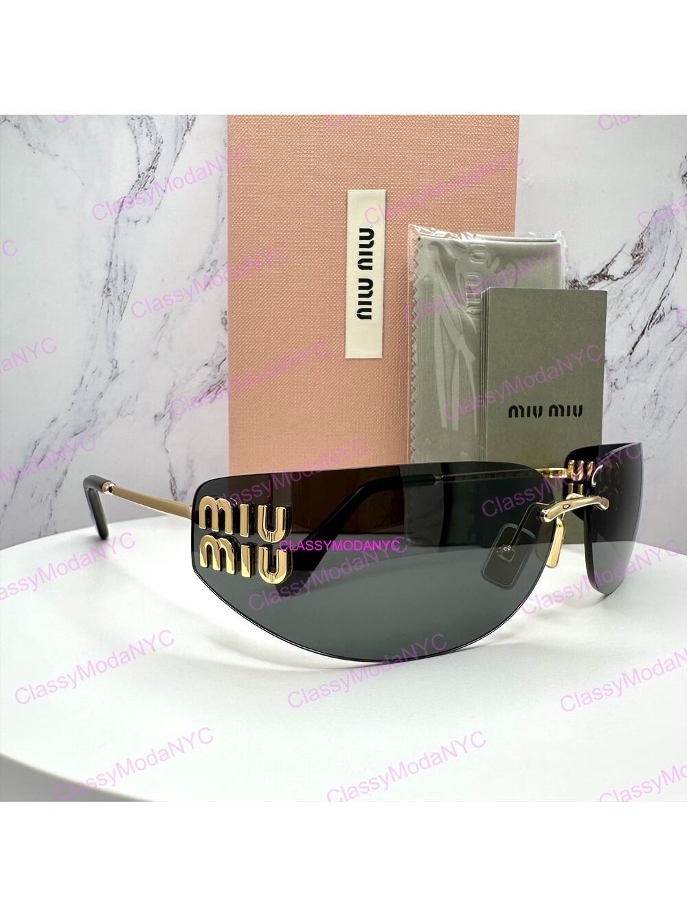 New MIU MIU Sunglasses Gold Dark Gray Lens Runway Wrap Rimless Authentic Miu Miu